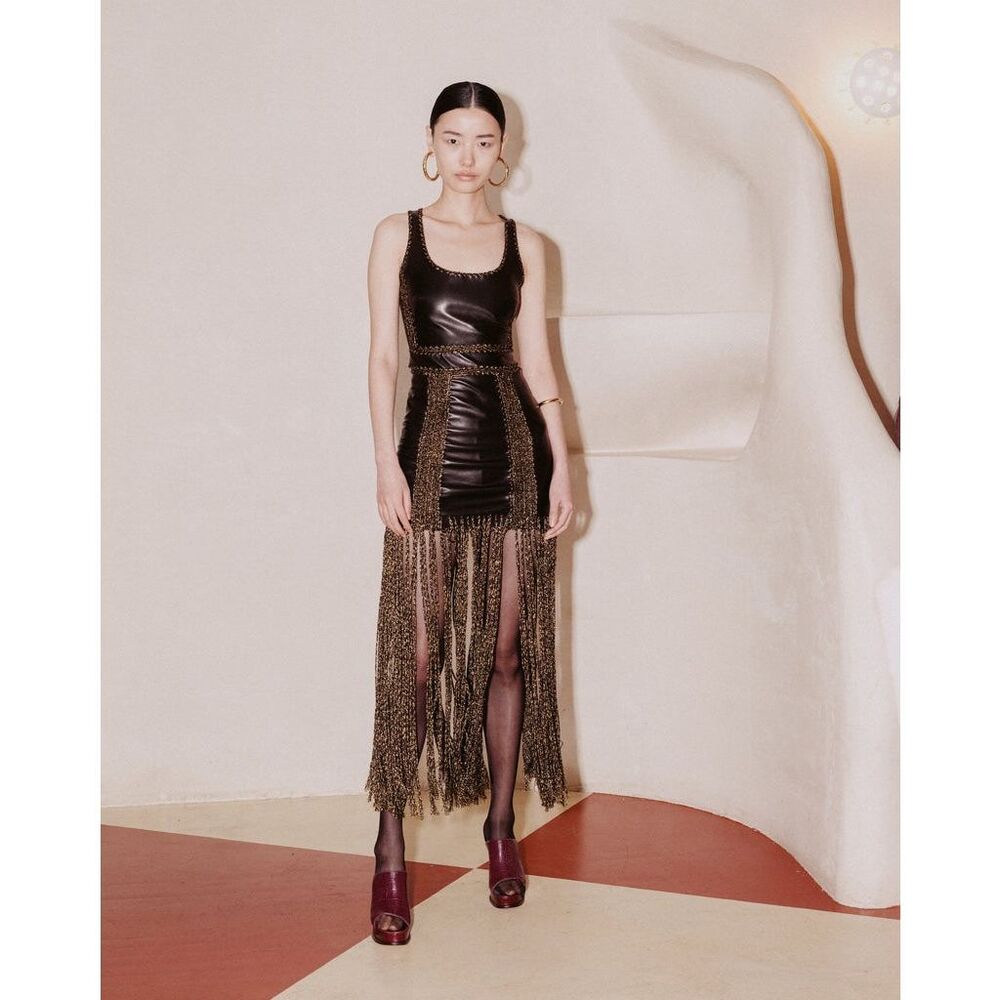 Alejandra Alonso Rojas Leather Mini Dress with Crochet Fringe Size 2 $1198